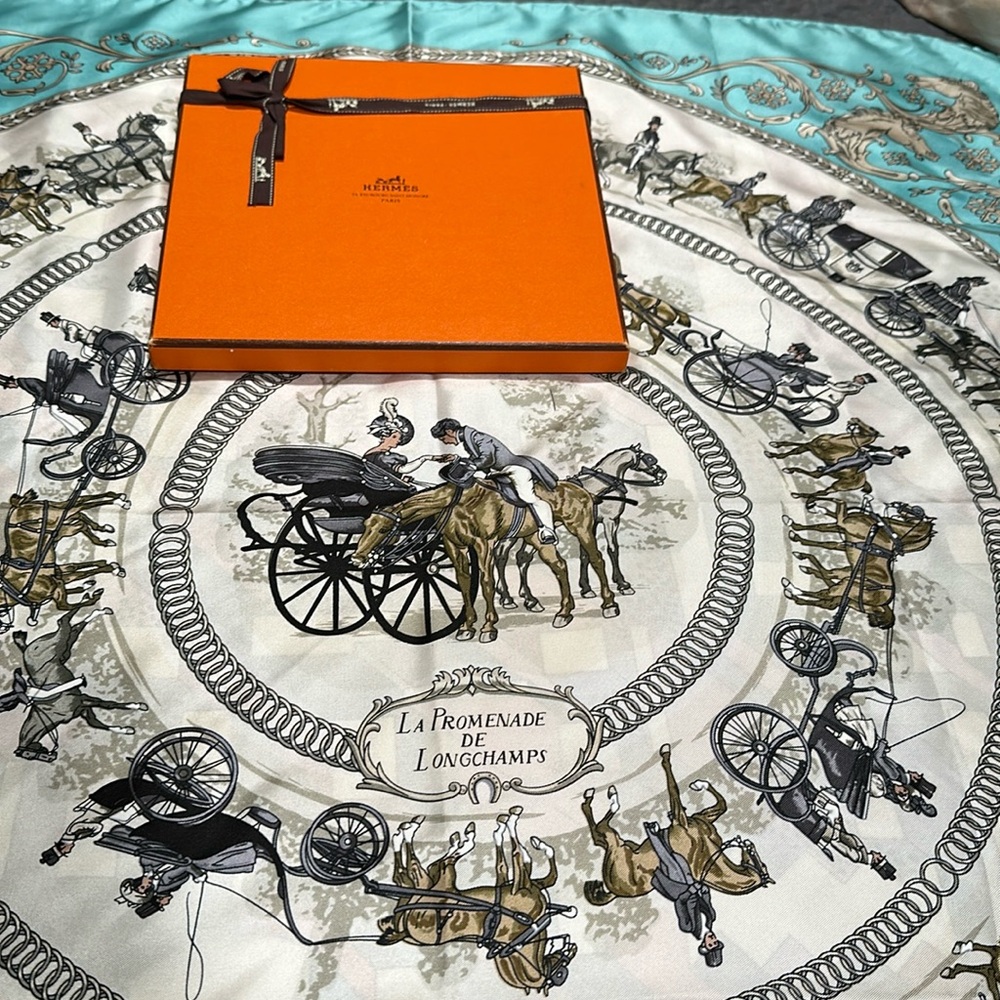 Hermes silk scarf “La Promenade De Longchamps” in robins egg blue w original box